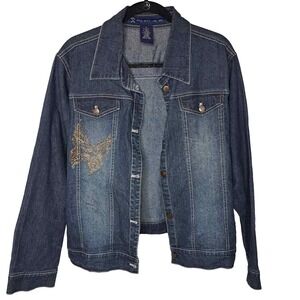 Vintage GX Studded Butterfly Denim Jean Jacket Plus 2X Medium Wash Stretch